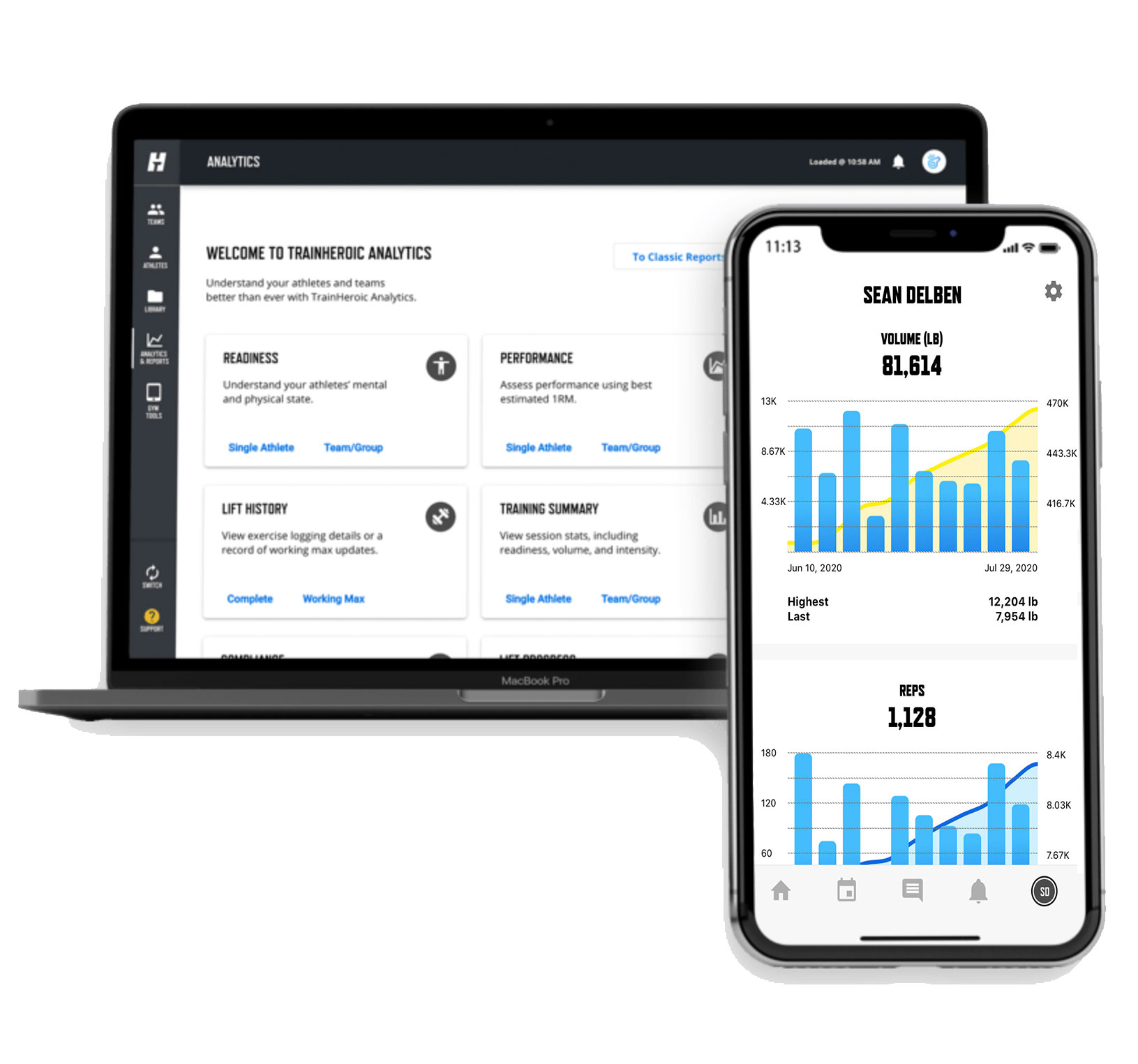 Photo of a laptop and phone showing Trainheroic analytics - the software Saltus performance uses