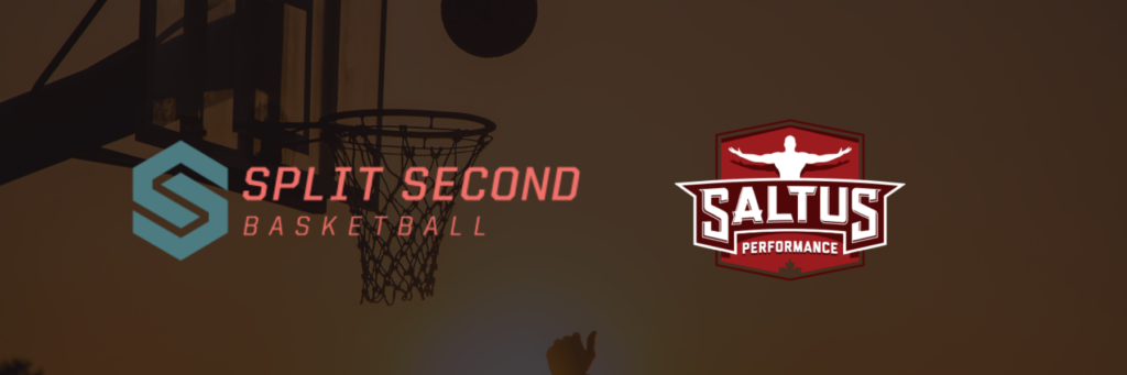 A Banner that annoucnes the partnership for Saltus Performance and Split Second basketball.