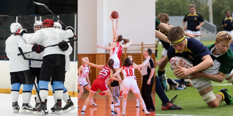 Image of athletes playing hockey, basketball and rugby. Sports that Saltus Performance trains their athletes in