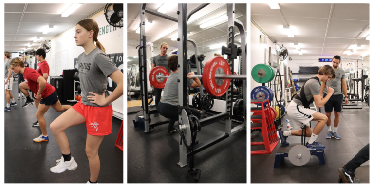 Photo compilation of Athletes training various exercises in the Saltus Performance gym.